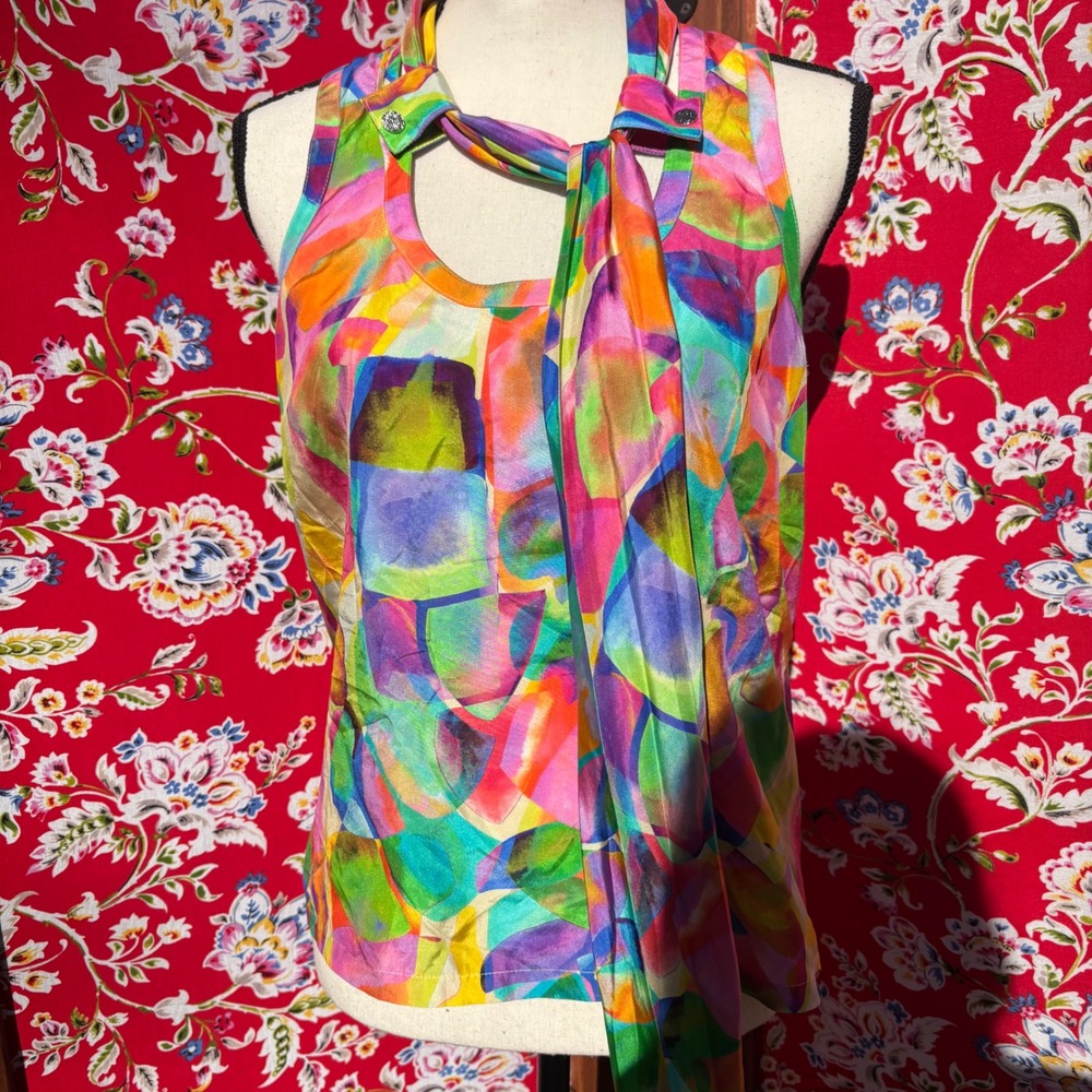 100% Silk Vibrant Multicolor Neck Tie Sleeveless Artsy Boho Chic Blouse Size S - Picture 11 of 13